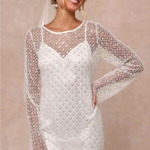 Lulu's White Beaded Mesh Long-Sleeve Wedding Dress